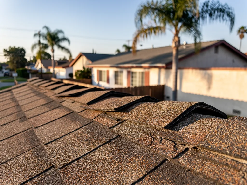 A common warning sign: curled shingles across Hawaiian Gardens